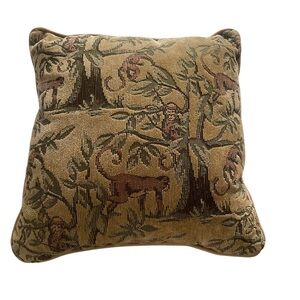 Tapestry Throw Pillow Woodland Monkey Scene Vintage Look brown tan 15” sq